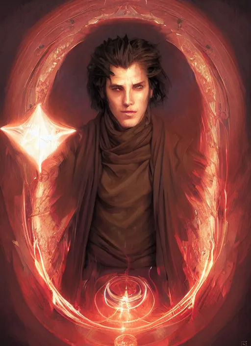 Prompt: character concept portrait of an attractive young angry Spanish wizard with red skin conjuring a portal spell, a floating iridescent spell book in the center, intricate, elegant, digital painting, concept art, smooth, sharp focus, illustration, from Metal Gear, by Ruan Jia and Mandy Jurgens and William-Adolphe Bouguereau, Artgerm