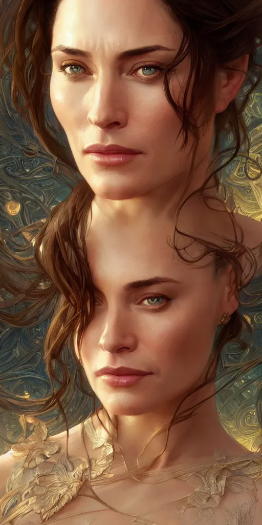 Image similar to Claire Forlani, intricate, highly detailed, digital painting, artstation, concept art, smooth, sharp focus, illustration, Unreal Engine 5, 8K, art by artgerm and greg rutkowski and alphonse mucha