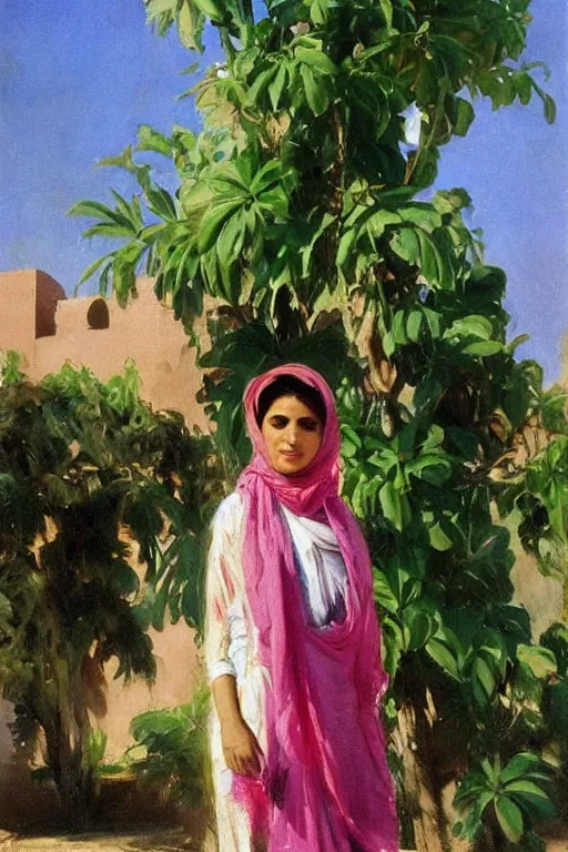 Prompt: a persian girl with agreen rabesque scarf near bougainvillea and palm trees, ahwaz city in iran, painting by john singer sargent