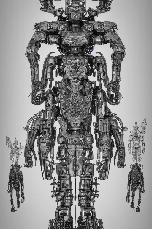 Image similar to andriod hindu goddess with gunmetal grey skin, medical anatomy, very symmetrical face, highly detailed, japanese mecha, three - perspective / three - view reference sheet ( front / back / side ), in the style of dan ouellette, dren from splice, hr giger, sil from species, artstation, unreal engine