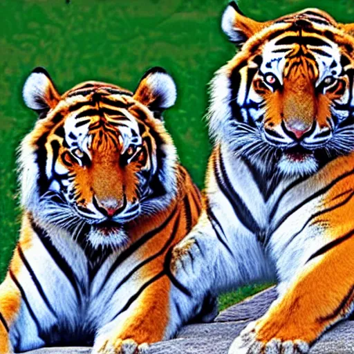 Image similar to two siberian tigers with bat wings posing like super models staring into your eyes with bright blue irises.