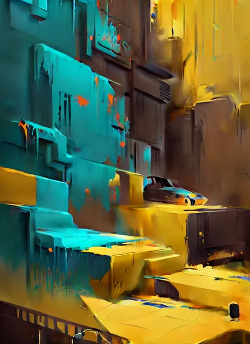 Image similar to matte painting extreme offset 3 d calligraphy graffiti mural dripping paint wall extreme maximalism by atey ghailan, by greg rutkowski, by greg tocchini, by james gilliard, by joe fenton, yellow, brown, black and cyan color scheme, octane render