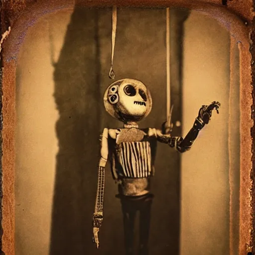 Image similar to alive, creepy marionette puppet, clockwork horror, pediophobia, lost photograph,, dark, forgotten, final photo found before disaster, polaroid,