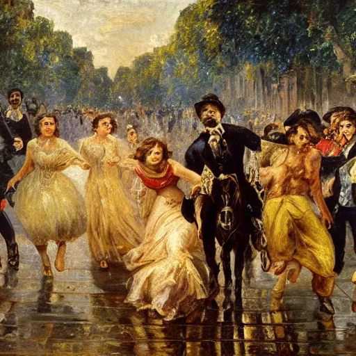 Prompt: highly detailed oil painting in the style of Delacroix of an early 20th century French writer exiting from a fantastical time machine made of polished gold metal and covered in flashing lights and monitors that has just appeared in the Luxembourg Gardens, Paris, 1973