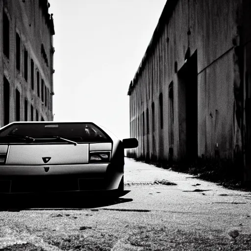 Image similar to black and white press photograph of a rusted abandoned lamborghini diablo on an empty abandoned city street, full view, detailed, natural light, mist, film grain, soft vignette, sigma 5 0 mm f / 1. 4 1 / 1 0 sec shutter, imax 7 0 mm footage