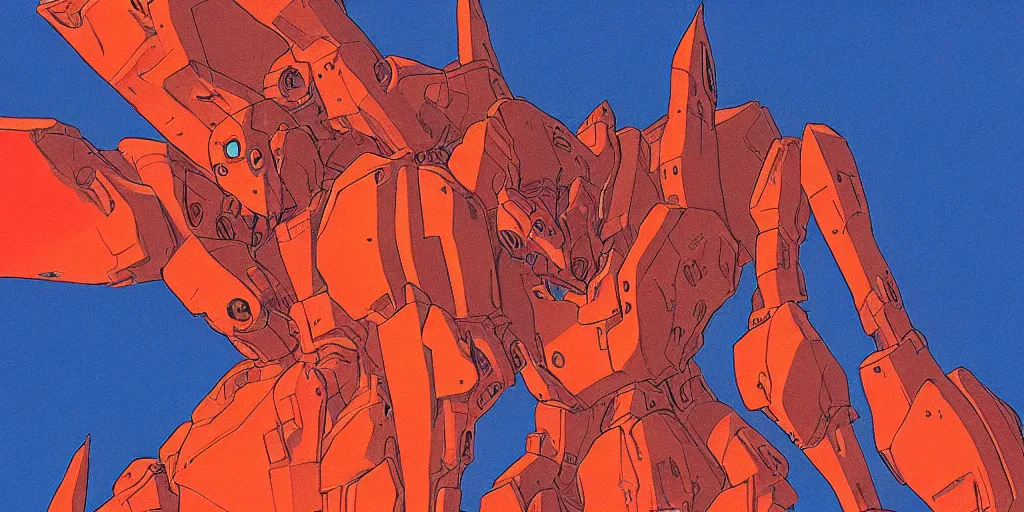 Prompt: grainy risograph matte painting of gigantic huge evangelion face - like mech covered ooze, orange and red matte colors, by moebius, close - up wide portrait, hyperrealism