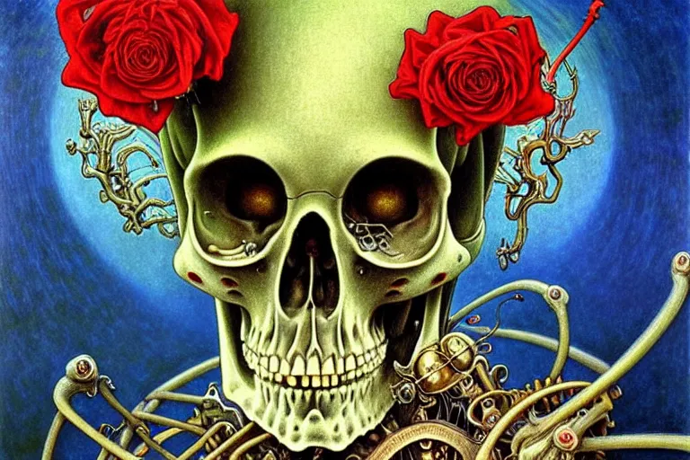 Image similar to realistic detailed portrait painting of a skeleton with a single rose wearing sci-fi helmet in a dystopian landscape by Jean Delville, Amano, Yves Tanguy, Alphonse Mucha, Ernst Haeckel, Edward Robert Hughes, Roger Dean, rich moody colours, blue eyes