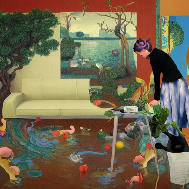 Image similar to female emo art student in her lounge room, painting of flood waters inside an artist's loungeroom, a river flooding indoors, pomegranates, pigs, ikebana, water, octopus, river, rapids, waterfall, black swans, canoe, berries, acrylic on canvas, surrealist, by magritte and monet