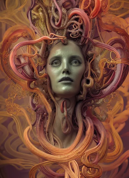 Image similar to subsurface scattering, medusa made of soft wax, cgsociety, translucent, wooden art nouveau swirls, biomechanical, colored smoke, gold cables, in the style of alberto seveso and beeple and giger, mystical colors, back light, rim light, dramatic lighting, 8 k, stunning scene, raytracing, octane render