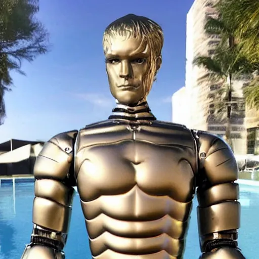 Image similar to a realistic detailed photo of a guy who is an attractive humanoid who is half robot and half humanoid, who is a male android, wrestler bryce meredith, shiny skin, posing like a statue, blank stare, by the pool, on display, showing off his muscles, humanoid robot, frozen ice statue