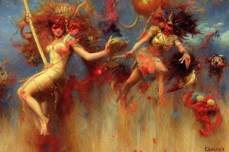 Prompt: war of the clowns. art by gaston bussiere.