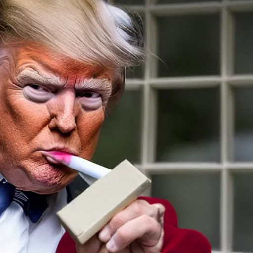 Image similar to a shocking, candid photo of donald trump, smoking crack out of a crack pipe in the white house oval office. photo taken from a window outside the oval office, by a new york times reporter.