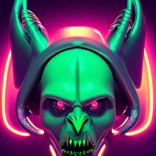 Image similar to synthwave demonic alien face with neon horns, detailed face, sharp focus, synthwave art, aesthetic, octane render, raw, cinematic