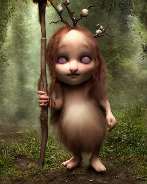 Prompt: a cute weird looking sweet creature holding a stick in a forest, concept art by Wendy Froud, cgsociety, fantasy art, daz3d, concept art, character