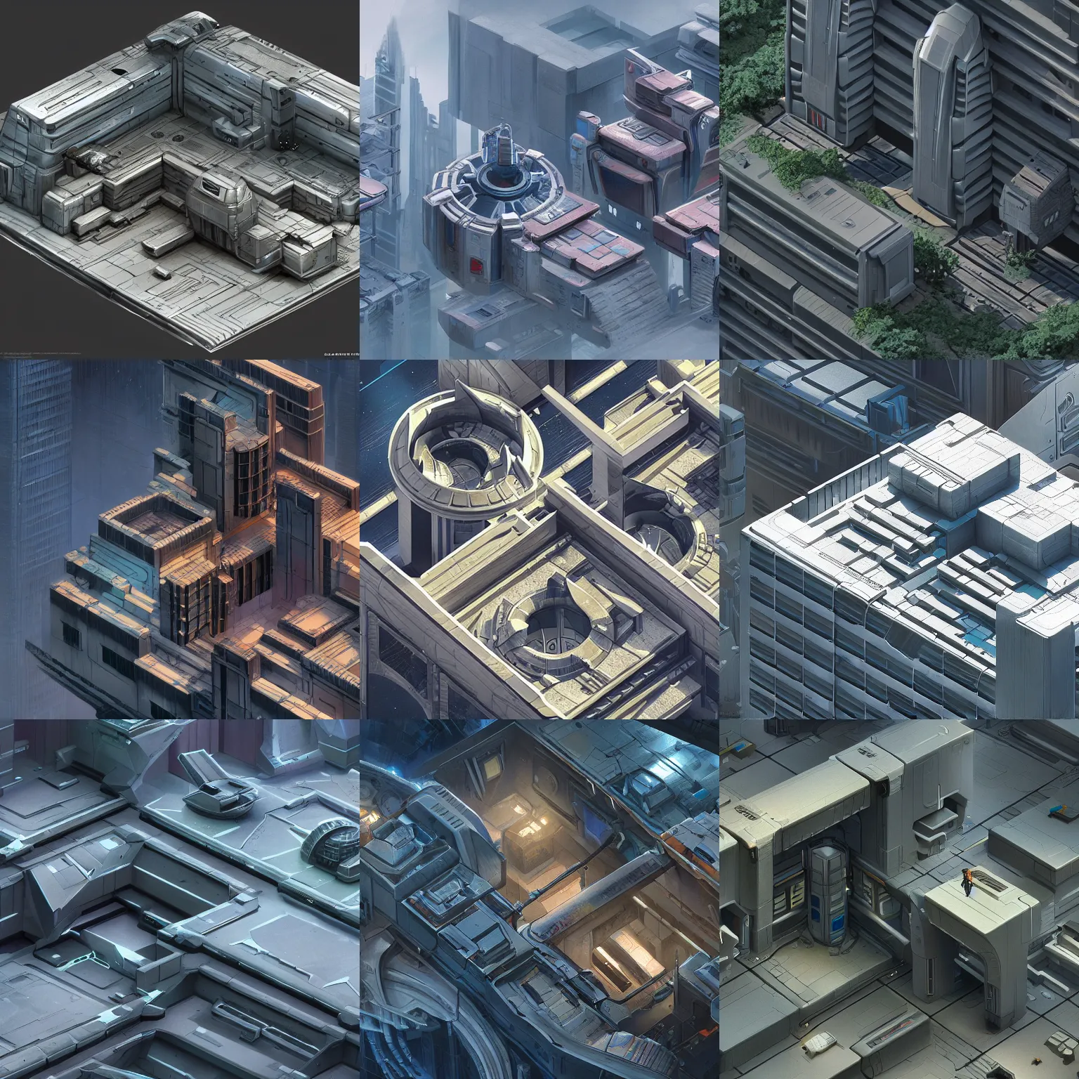 Prompt: sci-fi building. isometric view, concept art, Unreal Engine, ultra detail, 8K, 3D, Craig Mullins