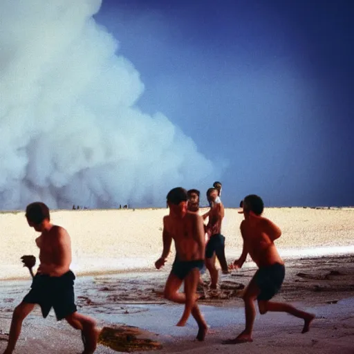 Prompt: a press photography tourists escaping a Crimean beach ⛱️ , explosions in the background, dark smoke in the distance, blue sky