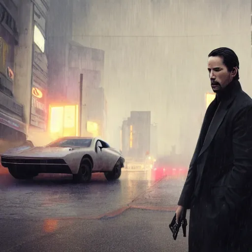 Image similar to cinematic still of keanu reeves in blade runner 2 0 4 9, hyperdetailed, artstation, cgsociety, 8 k