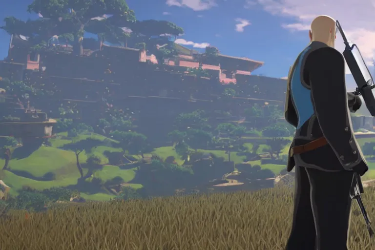 Image similar to hitman agent 4 7 holding master sword in botw, breath of the wild screenshot