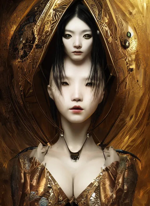 Image similar to portrait of a futuristic korean latex goth girl cyborg, modern fine art, fractal, intricate ornaments, elegant, highly detailed, digital photography, subsurface scattering, by jheronimus bosch and greg rutkowski,