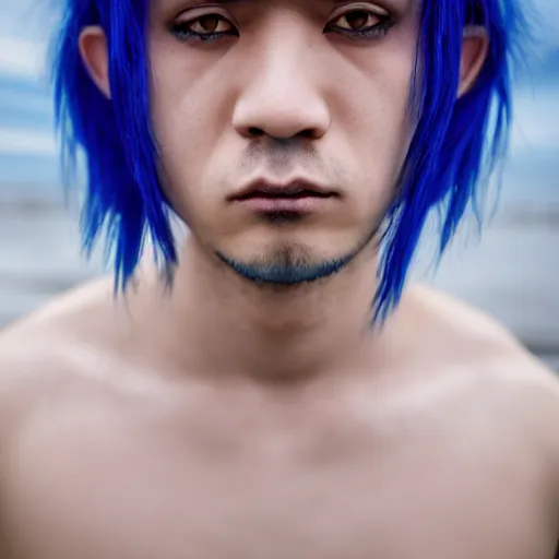 Image similar to rimuru tempest, young man blue hair ( ( ( ( ( ( ( ( ( ( eyes yellow ) ) ) ) ) ) ) ) ) ), canon eos r 3, f / 1. 4, iso 2 0 0, 1 / 1 6 0 s, 8 k, raw, unedited, symmetrical balance, in - frame