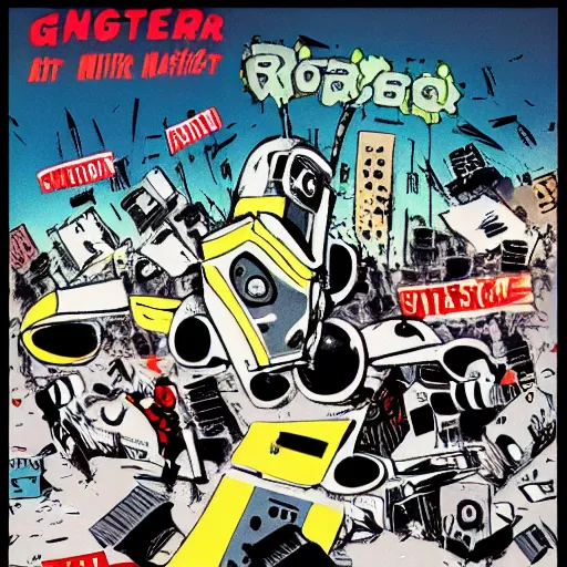 Image similar to gangster robot riot in cali protest robot live mattter, 8 k, very clear, lightning, smooth, hdd, frank miller style