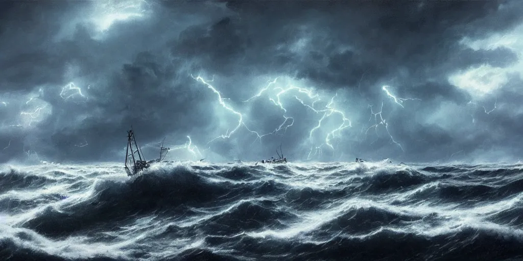 Prompt: A fishing boat struggles in a stormy sea, an intense storm blacks out the sky, fork lightning, dark and epic, film still, ultra wide angle, Greg Rutkowski and Studio Ghibli