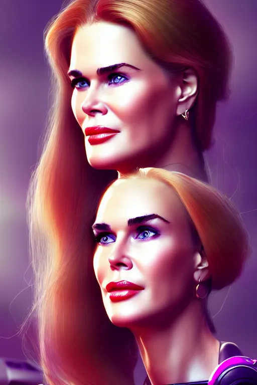 Image similar to mix of beautiful young maria shriver, mariel hemmingway, brooke shields, nicole kidman and elle macpherson as a cyborg terminator, thin lips, hair tied up in a pony tail, dark blonde hair, colorful, artstation, cgsociety