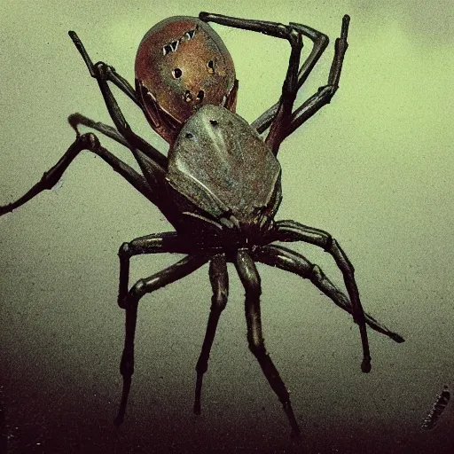 Image similar to horrific grotesque spider in the dark woods, high detailed realistic beksinski style photograph, shot on polaroid