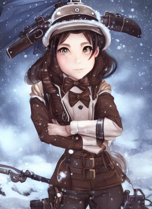 Prompt: girl with steampunk weapons and uniform, serious, intense, finely detailed, made by artgerm, ross tran, full body portrait, illustration, snow, snowing, cloudy, anime, side view, perfect anime face, realistic face, zoomed out, smooth, brown eyes, high waisted shorts