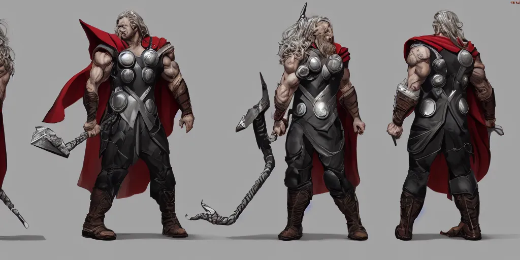 Image similar to cartoonish thor paying the rent, character sheet, fine details, concept design, contrast, kim jung gi, greg rutkowski, trending on artstation, 8 k, full body, turnaround, front view, back view, ultra wide angle