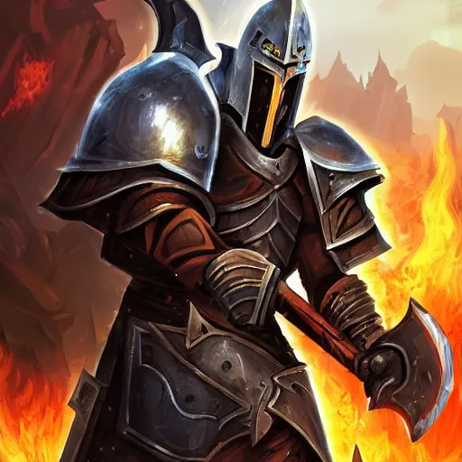 Prompt: Ares with heavy armor and sword, heavy knight helmet, dark sword in Ares's hand, war theme, bloodbath battlefield backgroubd, fiery battle coloring, hearthstone art style, epic fantasy style art, fantasy epic digital art, epic fantasy card game art