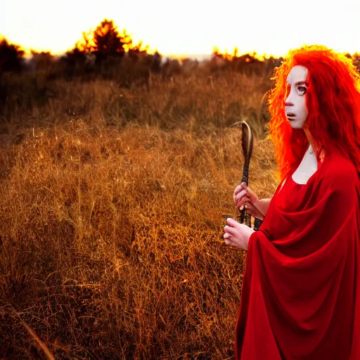 Prompt: Beautiful red haired warrior priestess, sunset, backlit, photograph, Sony A7III, 35mm, f2,5