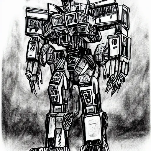 Image similar to a scary horror themed mecha, drawn with charcoal and pen and ink, half-tone-line-stacking