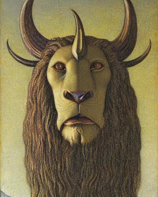 Image similar to a creature with the body and eyes of a man, with the beak of an eagle, the mane of a lion, and the horns of an ox by jean delville. vivid colors
