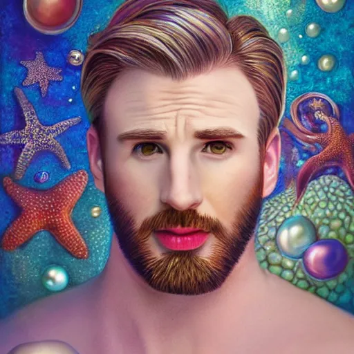 Image similar to chris evans portrait, fantasy, mermaid, hyperrealistic, highly detailed, cinematic lighting, pearls, glowing hair, shells, gills, crown, water, highlights, starfish, jewelry, realistic, digital art, pastel, magic, fiction, ocean, game, king, colorful hair, sparkly eyes, fish, god, waves, bubbles, heroic