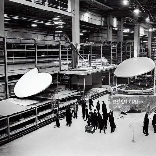 Prompt: scientists studying a simplistic oval shape spacecraft in a warehouse, 1 9 6 0's sci - fi, black and white, 8 k, highly ornate intricate details, extreme detail,