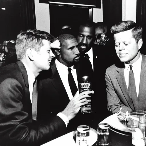 Image similar to jfk drinking hennessy with kanye west,