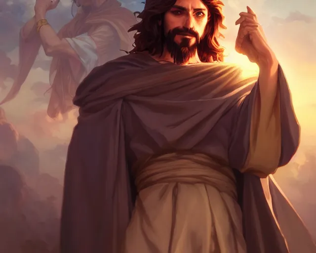 Image similar to photography of jesus christ shooting anime characters, deep focus, d & d, fantasy, intricate, elegant, highly detailed, digital painting, artstation, concept art, matte, sharp focus, illustration, hearthstone, art by artgerm and greg rutkowski and alphonse mucha