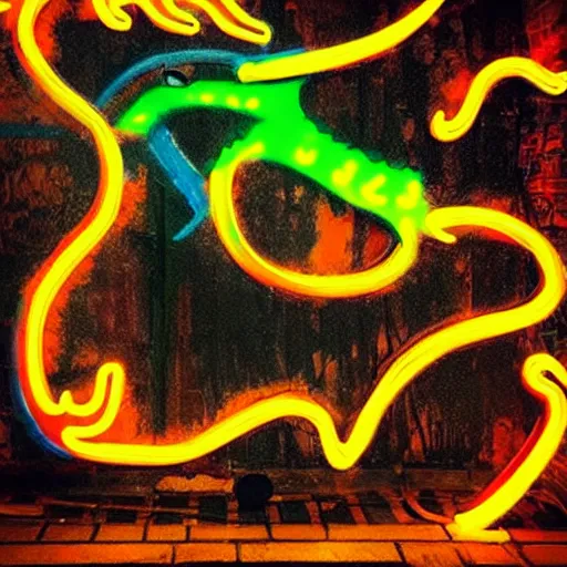 Image similar to “fire breathing dragon, neon graffiti, vivid colours”