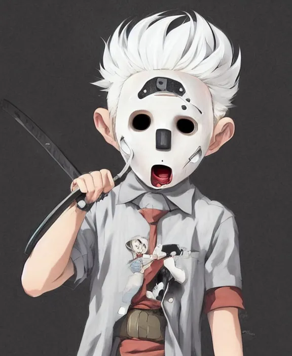 Image similar to cute little boy with white hair anime character inspired by jason voorhees, art by rossdraws, wlop, ilya kuvshinov, artgem lau, sakimichan, jakub rebelka and makoto shinkai, anatomically correct, extremely coherent, highly detailed, sharp focus, slasher movies, smooth, very realistic, symmetrical