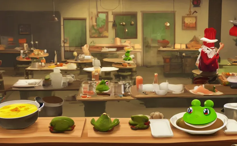 Image similar to ps 5 game about a cute frog chef making soup in oregon, unity screenshot,