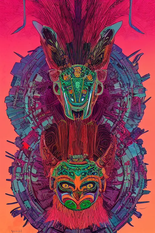 Image similar to totem animal tribal chaman vodoo mask feather gemstone plant video game illustration vivid color borderlands and by feng zhu and loish and laurie greasley, victo ngai, andreas rocha, john harris radiating a glowing aura