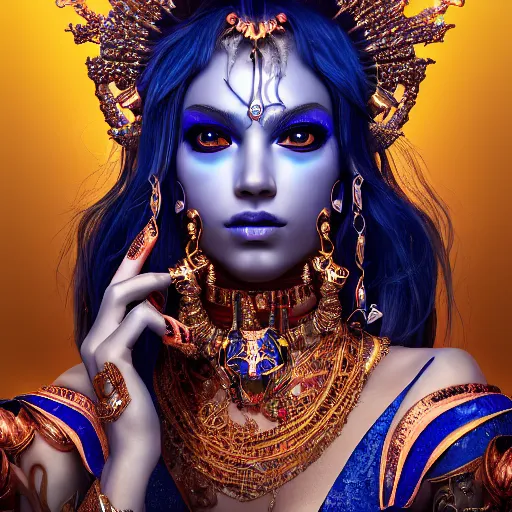 Image similar to portrait of demon goddess with perfect skin, glowing, ornate and intricate blue jewelry, jaw dropping beauty, glowing background lighting, white accent lighting, hyper detailed, 4 k octane render