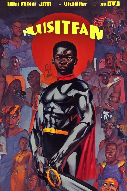 Image similar to nigerian superhero, an ultrafine detailed painting by john philip falter, austin briggs, cg society, american scene painting, dystopian art, american realism, academic art, movie poster, poster design, concert poster