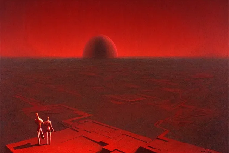 Image similar to only with red, a red god of death eat apple, a futuristic city on mars in background, an ancient path, pathos, in the style of beksinski, part by hopper, part by rodcenko, part by hofbauer, intricate composition, red by caravaggio, insanely quality, highly detailed, masterpiece, red light, artstation