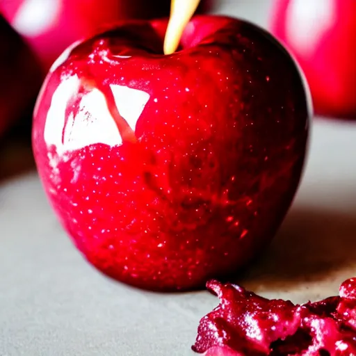 Prompt: candy apple, food photography, cracks of magma, glowing, fire