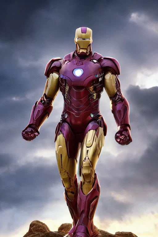 Image similar to thanos in a damaged and broken iron man suit, cinematic, volumetric lighting, f 8 aperture, cinematic eastman 5 3 8 4 film, photorealistic