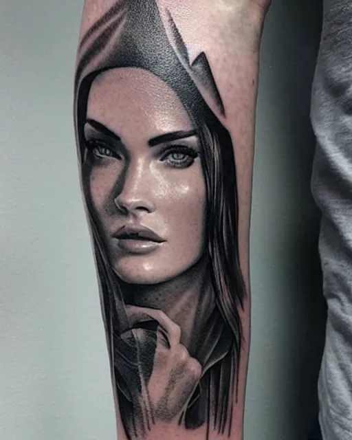 Prompt: creative double exposure effect tattoo design sketch of megan fox with beautiful mountains, realism tattoo, in the style of andrey lukovnikov, amazing detail, sharp