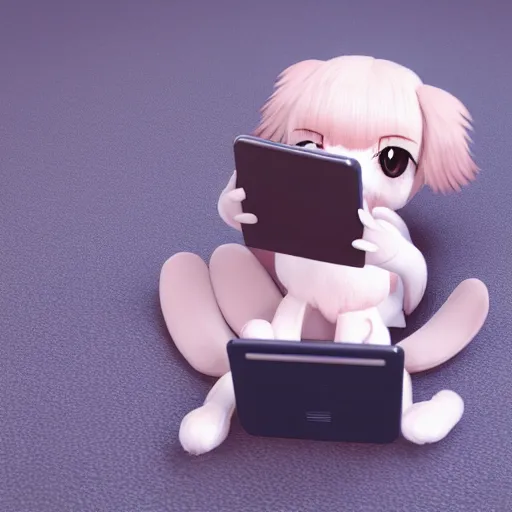 Prompt: cute fumo plush of a dog girl typing on a phone, anime girl, vray