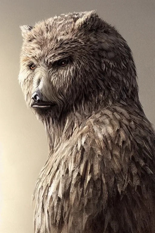 Image similar to a beautiful upper body shot from a fantasy film of a humanoid grey owlbear wearing a loose tunic. an anthropomorphic owlbear. fantasy, frown, intricate, elegant, highly detailed, digital painting, artstation, concept art, matte, sharp focus, illustration, art by artgerm and greg rutkowski and alphonse mucha